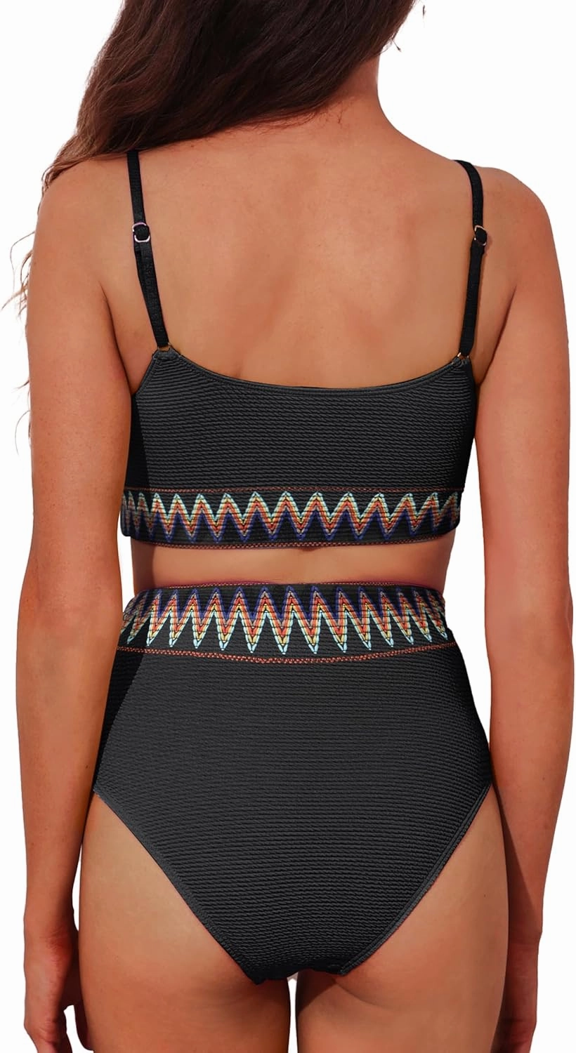 Adisputent Womens High Waisted Bikini Sets Scoop Neck Color Block Swimsuits Retro Two Piece Bathing Suits