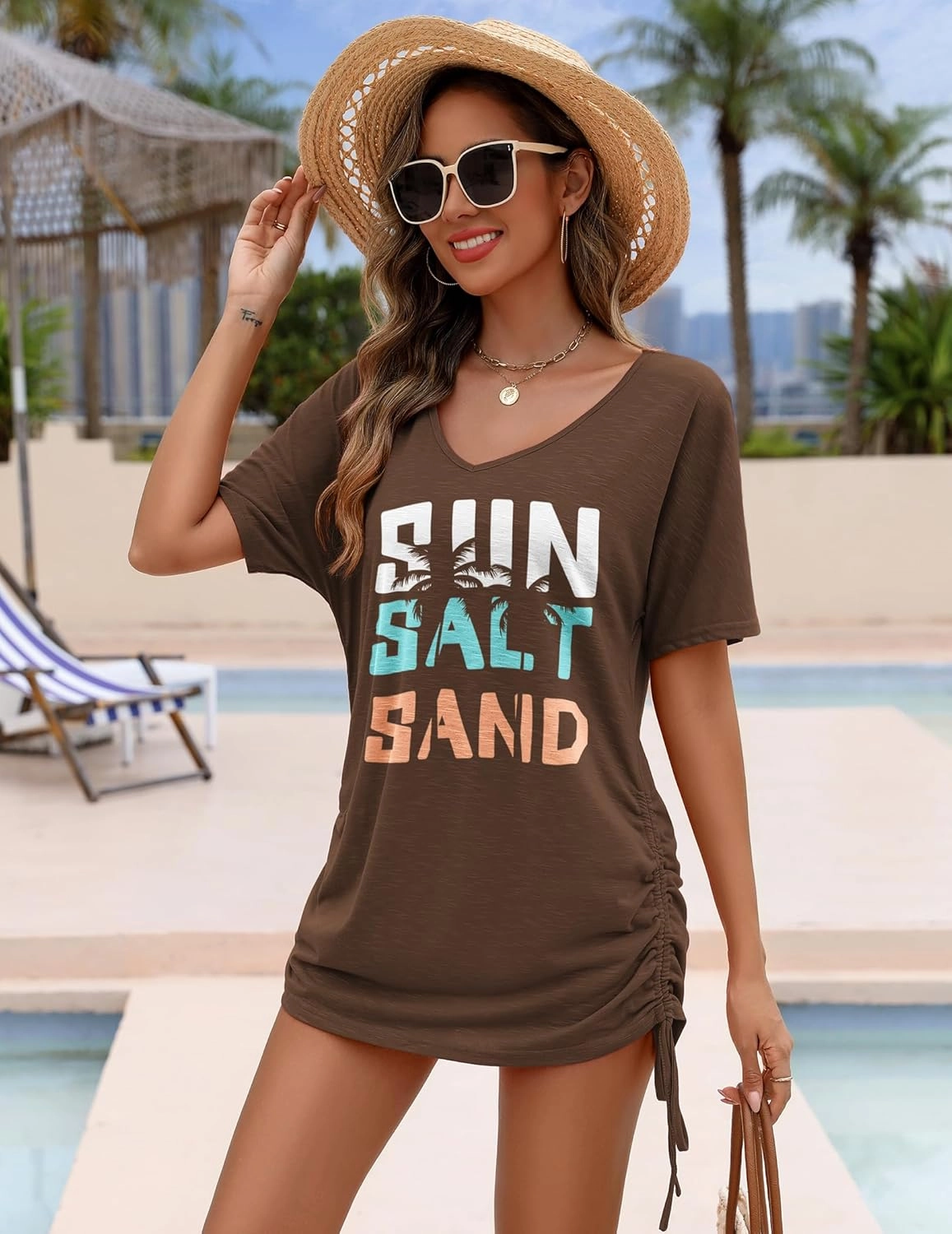 AI'MAGE Swimsuit Coverup for Women Short Sleeve Bathing Suit Cover Up T-Shirt Casual Beach Dress Drawstring Swim Cover Up