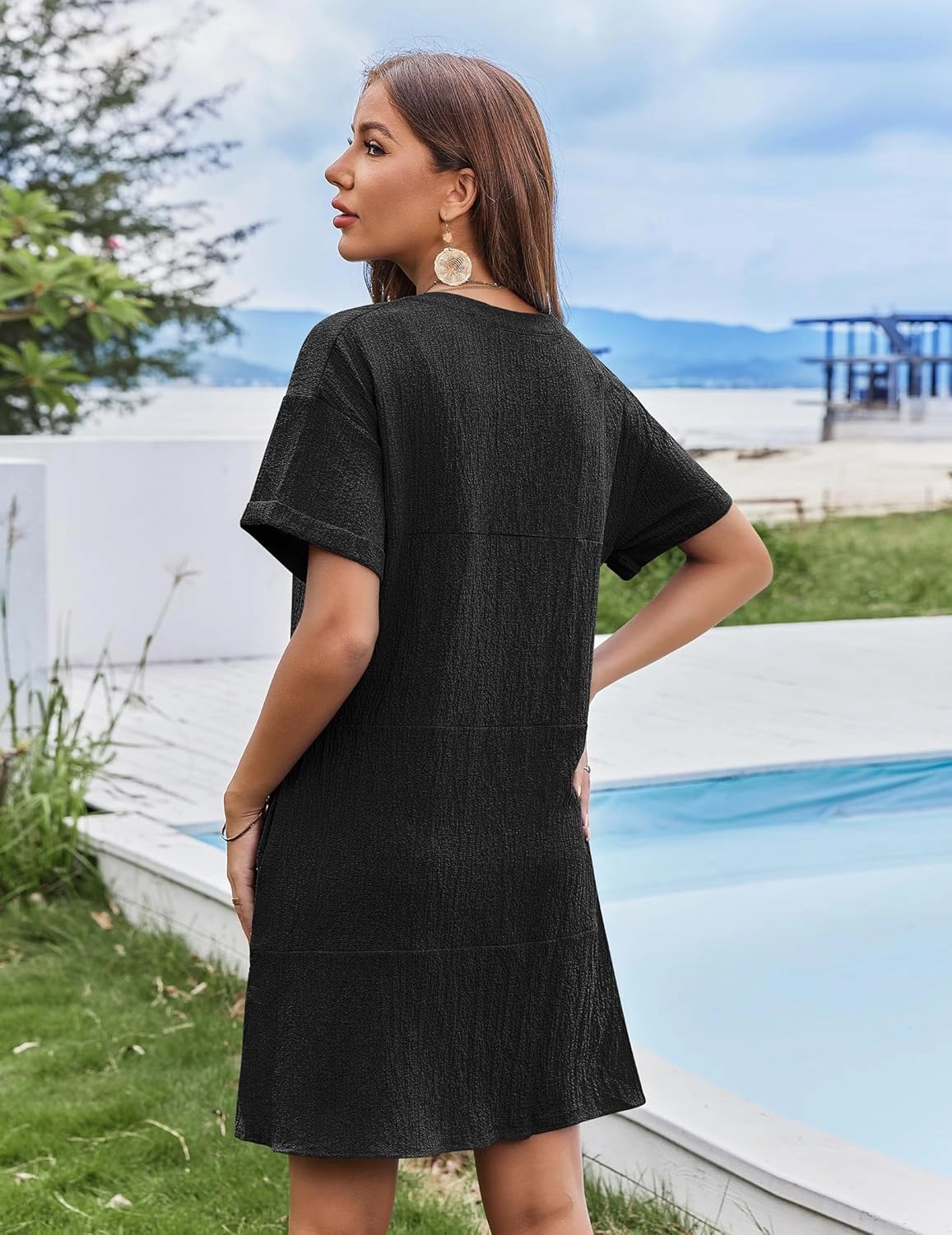 AI'MAGE Women's Cover Up Short Sleeve Bathing Suit Cover Ups V Neck Beach Coverup Dress with Pockets