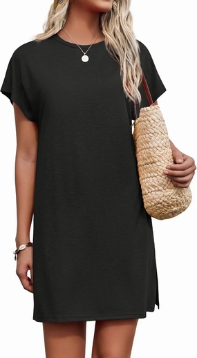 AI'MAGE Women's Coverups Short Sleeve T-Shirt Dress Casual Side Slit Loose Fit Knee Length Beach Mini Dress S-XXL