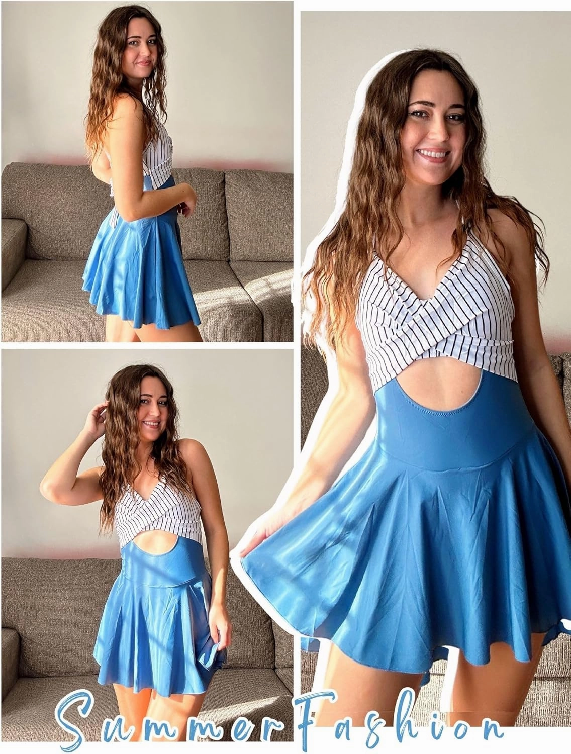 AI'MAGE Women's One Piece Swimdress V Neck Tie Back Skirt Swimsuit Push Up Tummy Control Bathing Suits