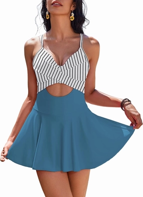 AI'MAGE Women's One Piece Swimdress V Neck Tie Back Skirt Swimsuit Push Up Tummy Control Bathing Suits