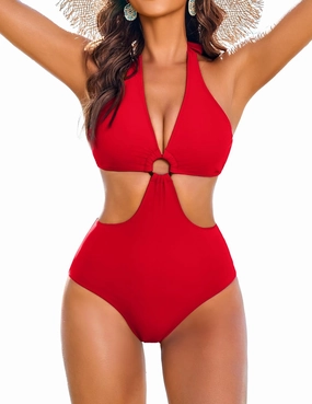AI'MAGE Women's One Piece Swimsuits Tummy Control O Ring Cutout High Waisted Bathing Suit Tie Back Swimwear