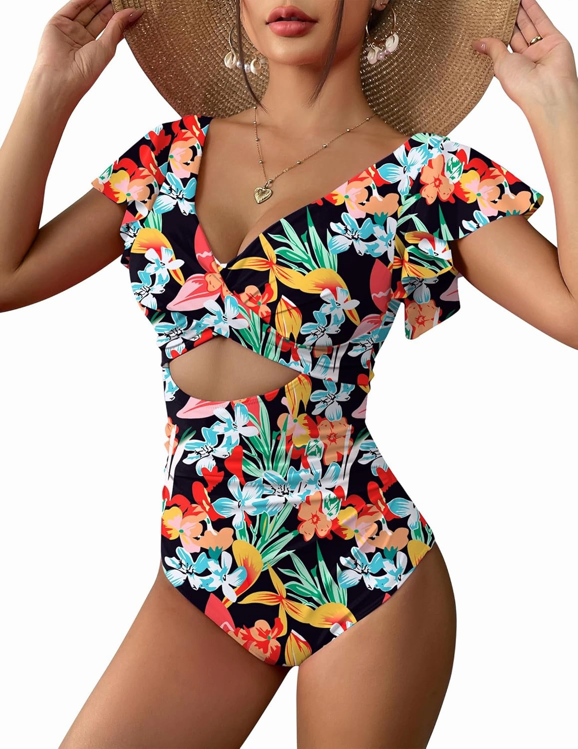 AI'MAGE Women's Ruffle One Piece Swimsuit V Neck Tummy Control Bathing Suits Cutout Backless Swimwear