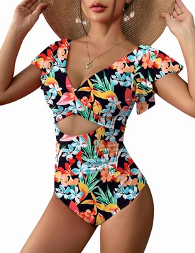 AI'MAGE Women's Ruffle One Piece Swimsuit V Neck Tummy Control Bathing Suits Cutout Backless Swimwear