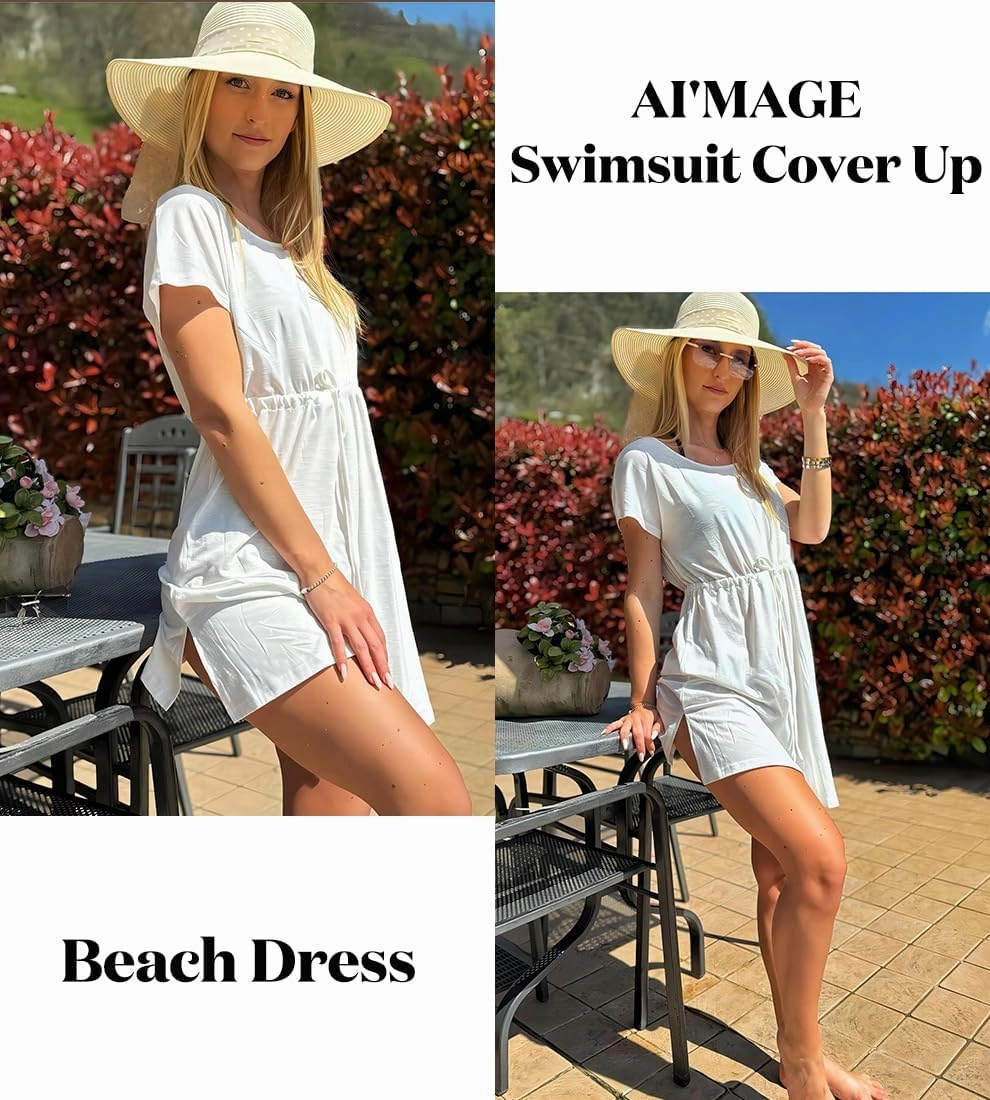 AI'MAGE Women's Swimsuit Beach Cover Up Short Sleeve Cover Ups for Swimwear Loose Beach Dress Tunic Top S-XXL