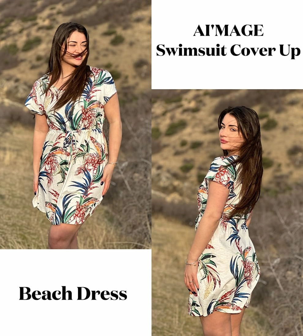 AI'MAGE Women's Swimsuit Beach Cover Up Short Sleeve Cover Ups for Swimwear Loose Beach Dress Tunic Top S-XXL