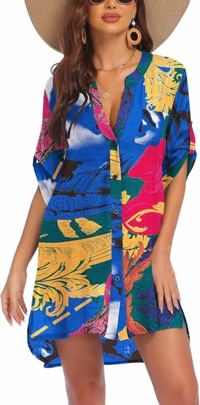 AI'MAGE Women's Swimsuit Cover Ups Shirt V-Neck Button Down Bathing Suit Coverups Beach Tunic Top S-3XL