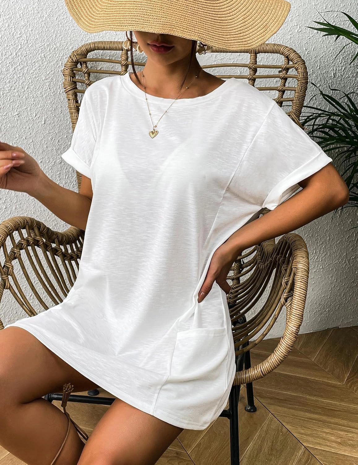 AI'MAGE Women's Swimsuit Coverup 2025 Bathing Suit Cover Ups Casual Loose Short Sleeve Bikini Beach Dress with Pocket
