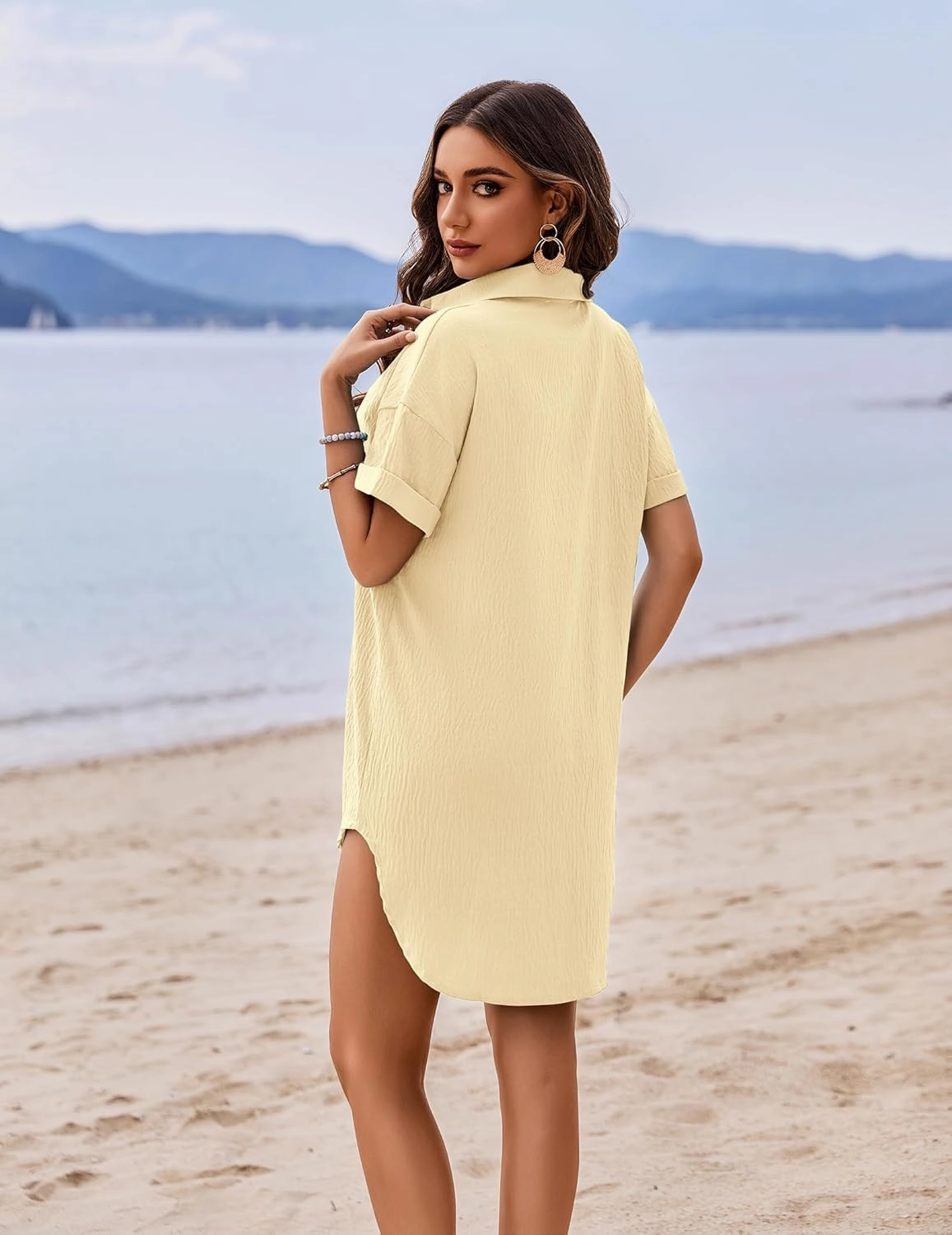 AI'MAGE Women's Swimsuit Coverup V Neck Bathing Suit Cover Up Shirt Short Sleeves Beach Bikini Swimwear Dress S-3XL
