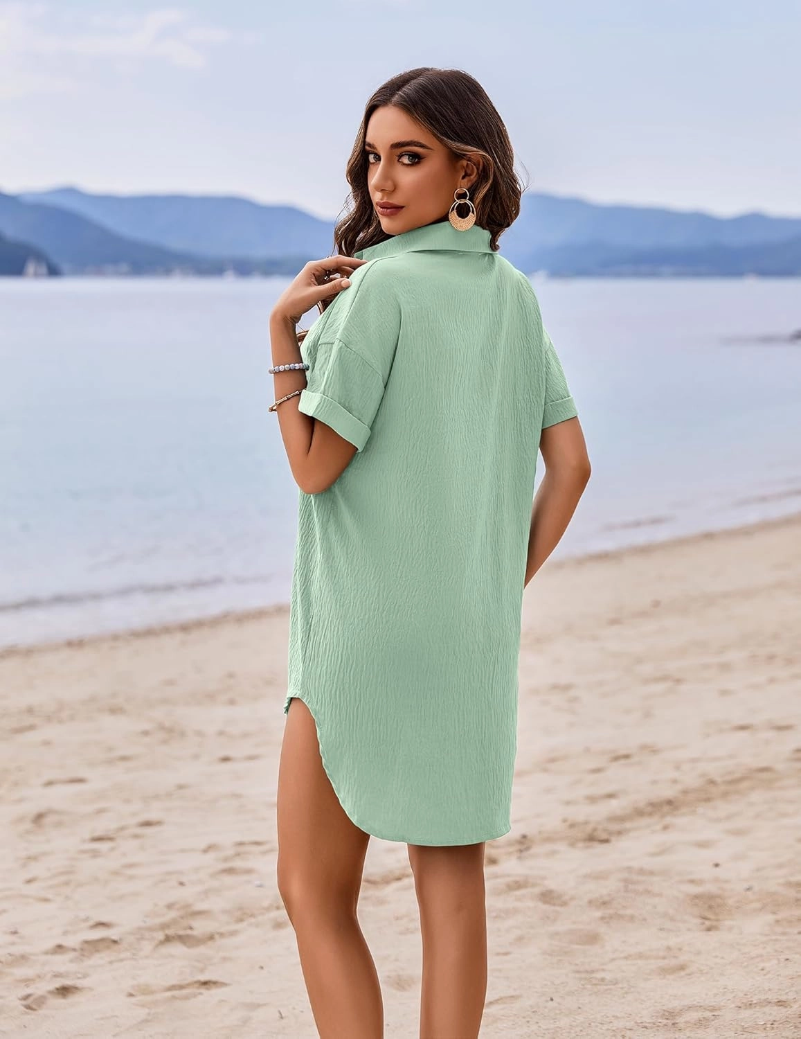 AI'MAGE Women's Swimsuit Coverup V Neck Bathing Suit Cover Up Shirt Short Sleeves Beach Bikini Swimwear Dress S-3XL