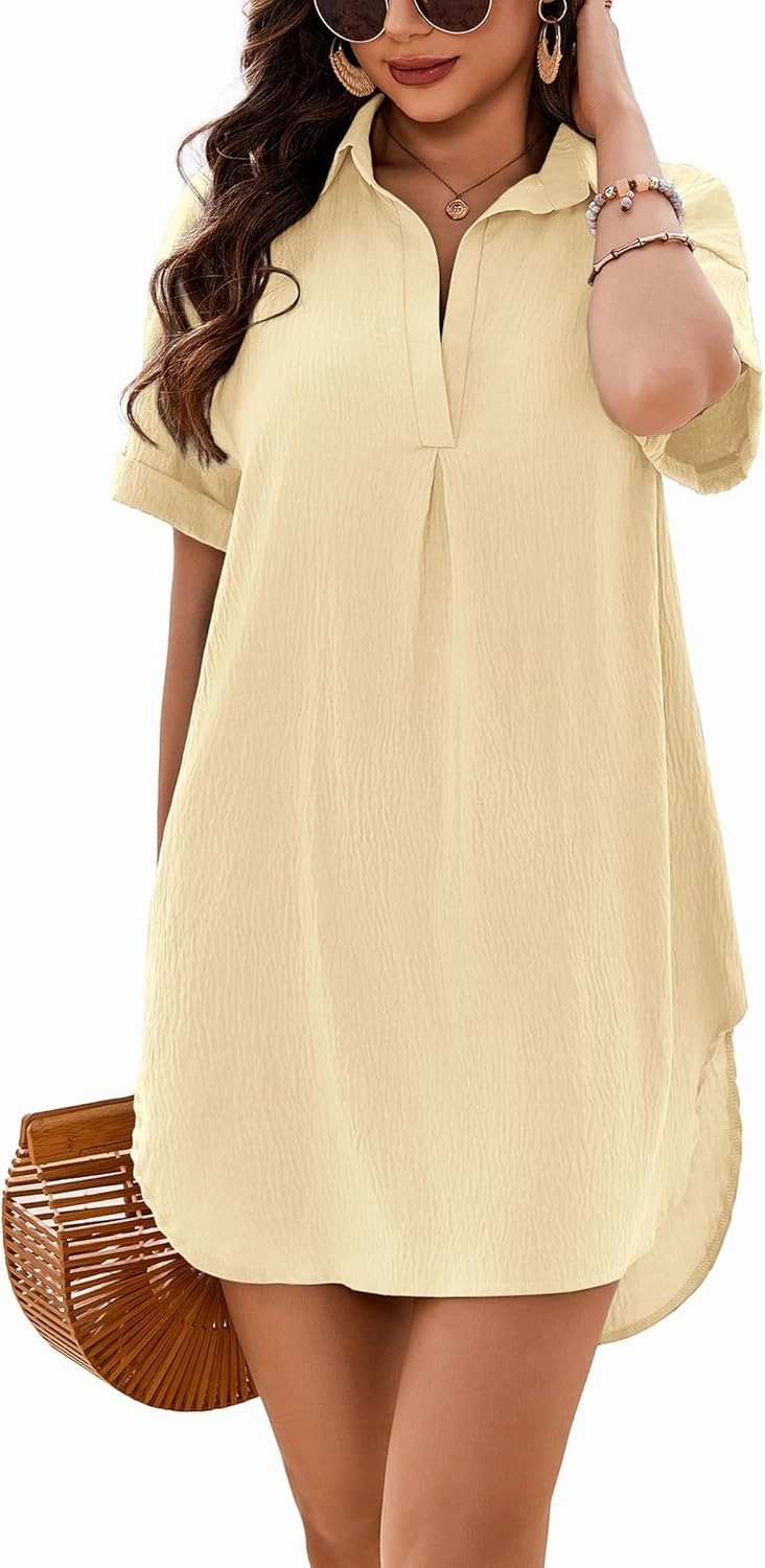 AI'MAGE Women's Swimsuit Coverup V Neck Bathing Suit Cover Up Shirt Short Sleeves Beach Bikini Swimwear Dress S-3XL