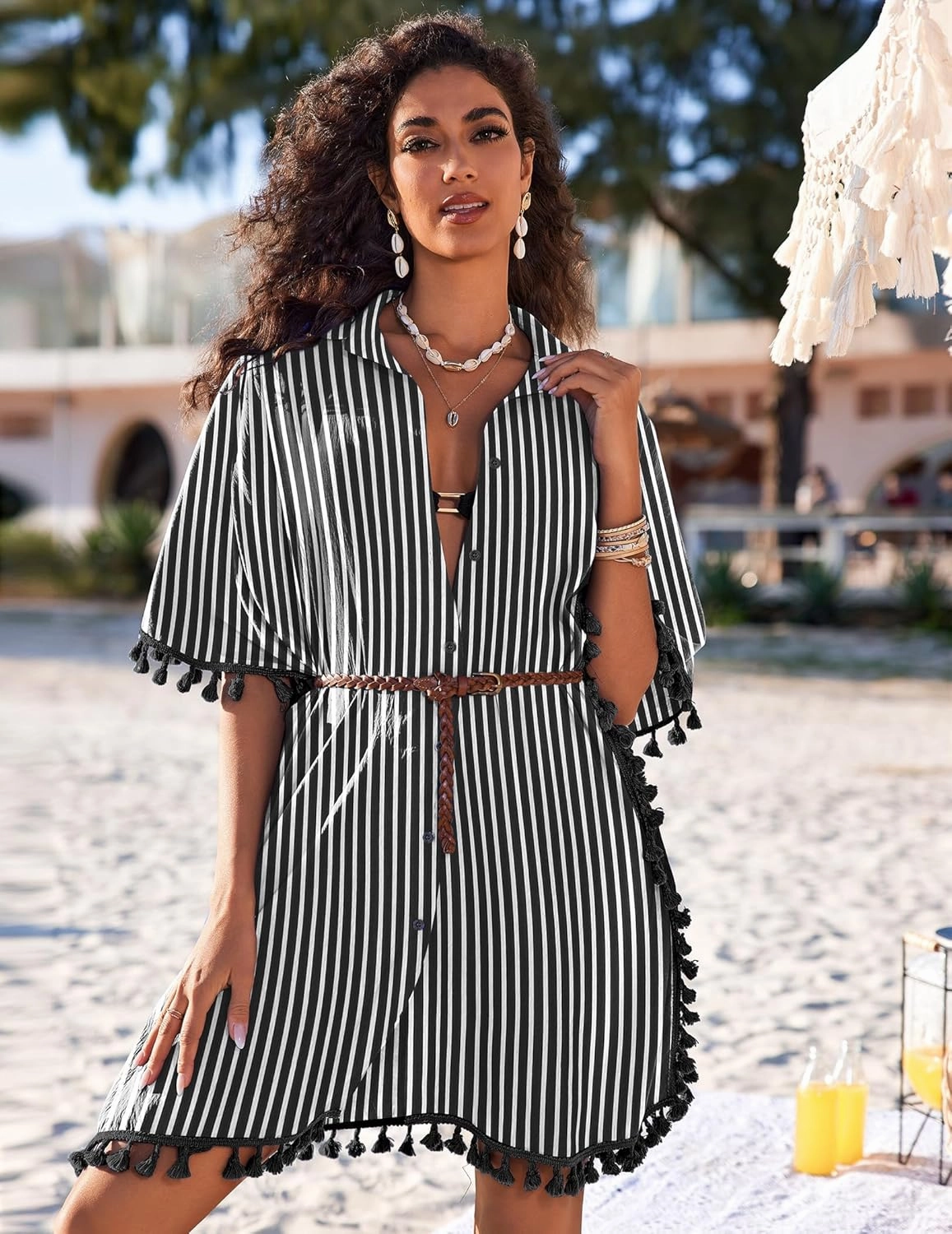 AI'MAGE Women's Swimwear Cover Ups 3/4 Sleeve Beach Coverup with Tassel Button Down Oversized Swimsuit Cover Up Shirt S-3XL