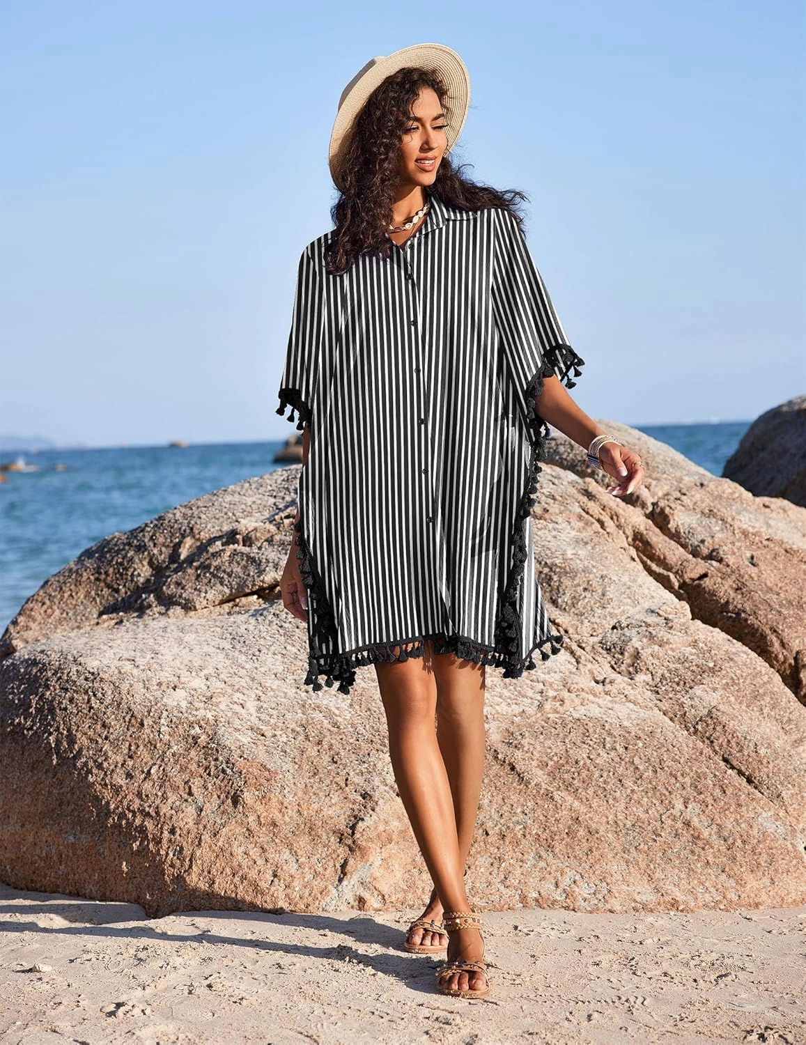 AI'MAGE Women's Swimwear Cover Ups 3/4 Sleeve Beach Coverup with Tassel Button Down Oversized Swimsuit Cover Up Shirt S-3XL