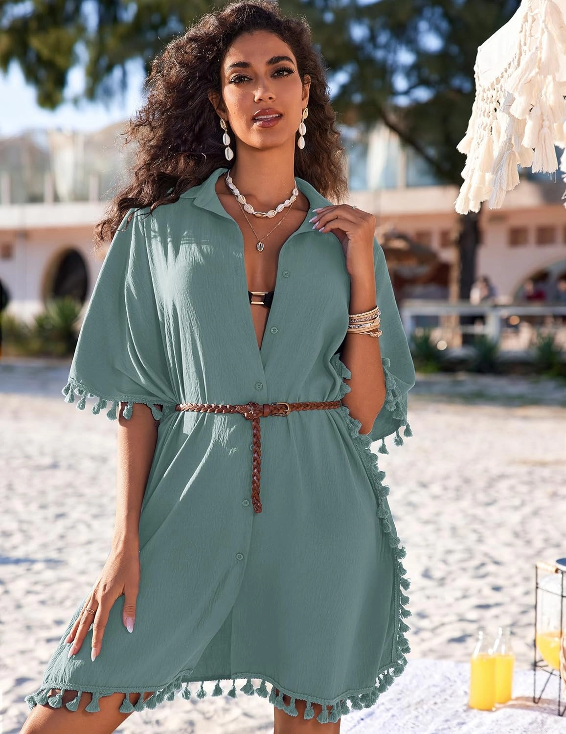 AI'MAGE Women's Swimwear Cover Ups 3/4 Sleeve Beach Coverup with Tassel Button Down Oversized Swimsuit Cover Up Shirt S-3XL