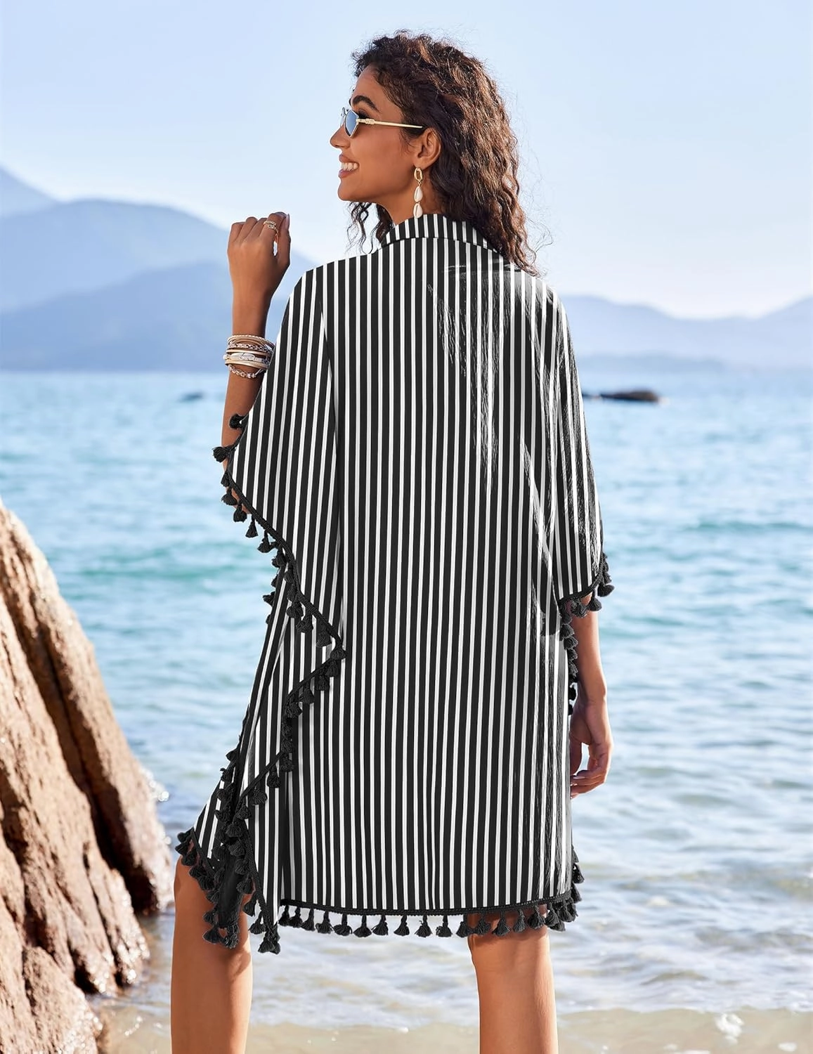 AI'MAGE Women's Swimwear Cover Ups 3/4 Sleeve Beach Coverup with Tassel Button Down Oversized Swimsuit Cover Up Shirt S-3XL