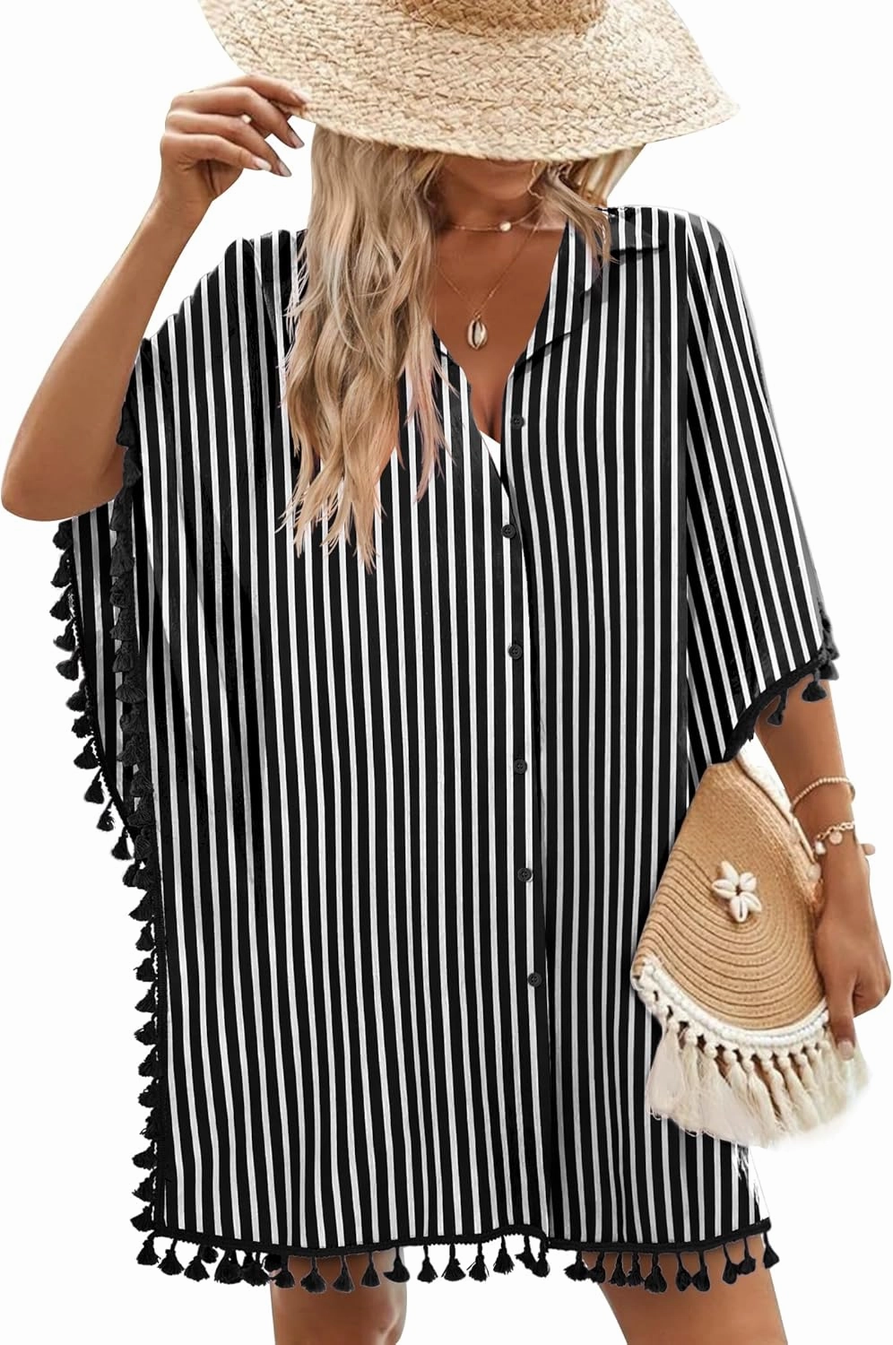AI'MAGE Women's Swimwear Cover Ups 3/4 Sleeve Beach Coverup with Tassel Button Down Oversized Swimsuit Cover Up Shirt S-3XL
