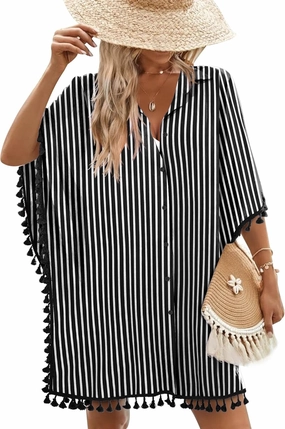 AI'MAGE Women's Swimwear Cover Ups 3/4 Sleeve Beach Coverup with Tassel Button Down Oversized Swimsuit Cover Up Shirt S-3XL