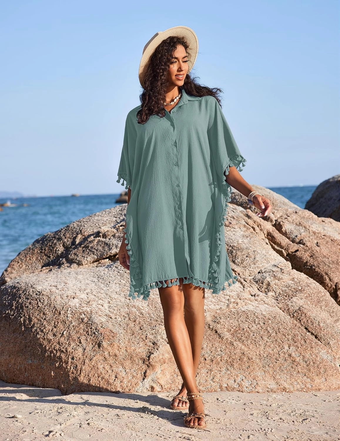 AI'MAGE Women's Swimwear Cover Ups 3/4 Sleeve Beach Coverup with Tassel Button Down Oversized Swimsuit Cover Up Shirt S-3XL