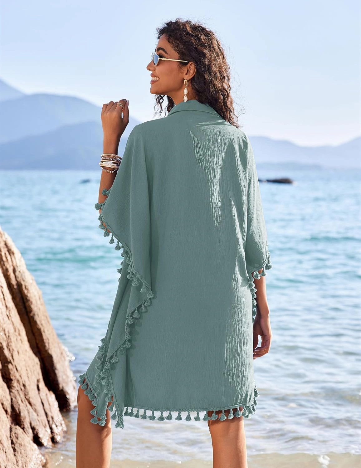 AI'MAGE Women's Swimwear Cover Ups 3/4 Sleeve Beach Coverup with Tassel Button Down Oversized Swimsuit Cover Up Shirt S-3XL