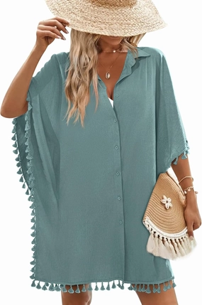 AI'MAGE Women's Swimwear Cover Ups 3/4 Sleeve Beach Coverup with Tassel Button Down Oversized Swimsuit Cover Up Shirt S-3XL