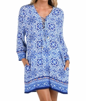 Alboran Sea Lace Up V-Neck Tunic Cover Up In Blue
