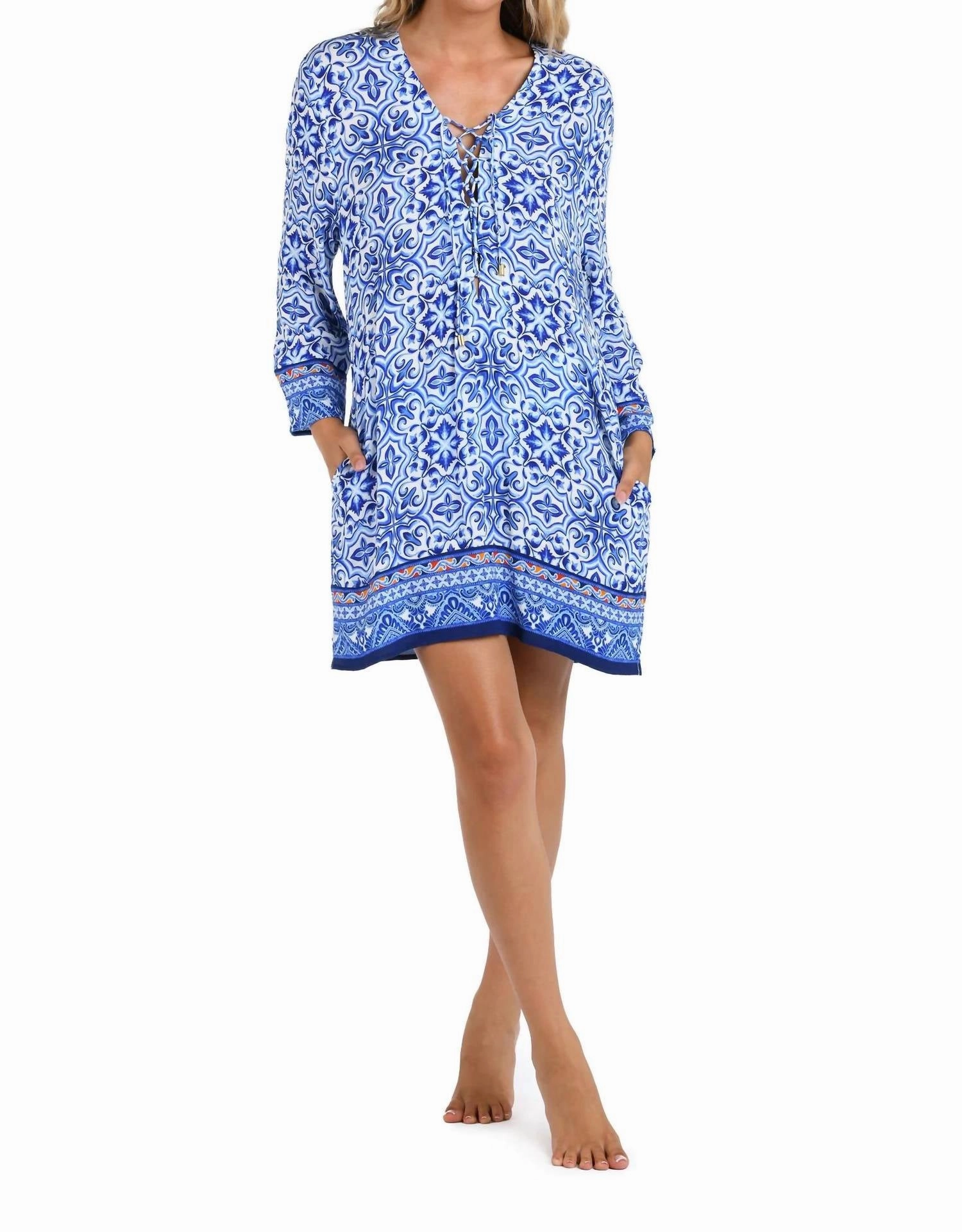 Alboran Sea Lace Up V-Neck Tunic Cover Up In Blue