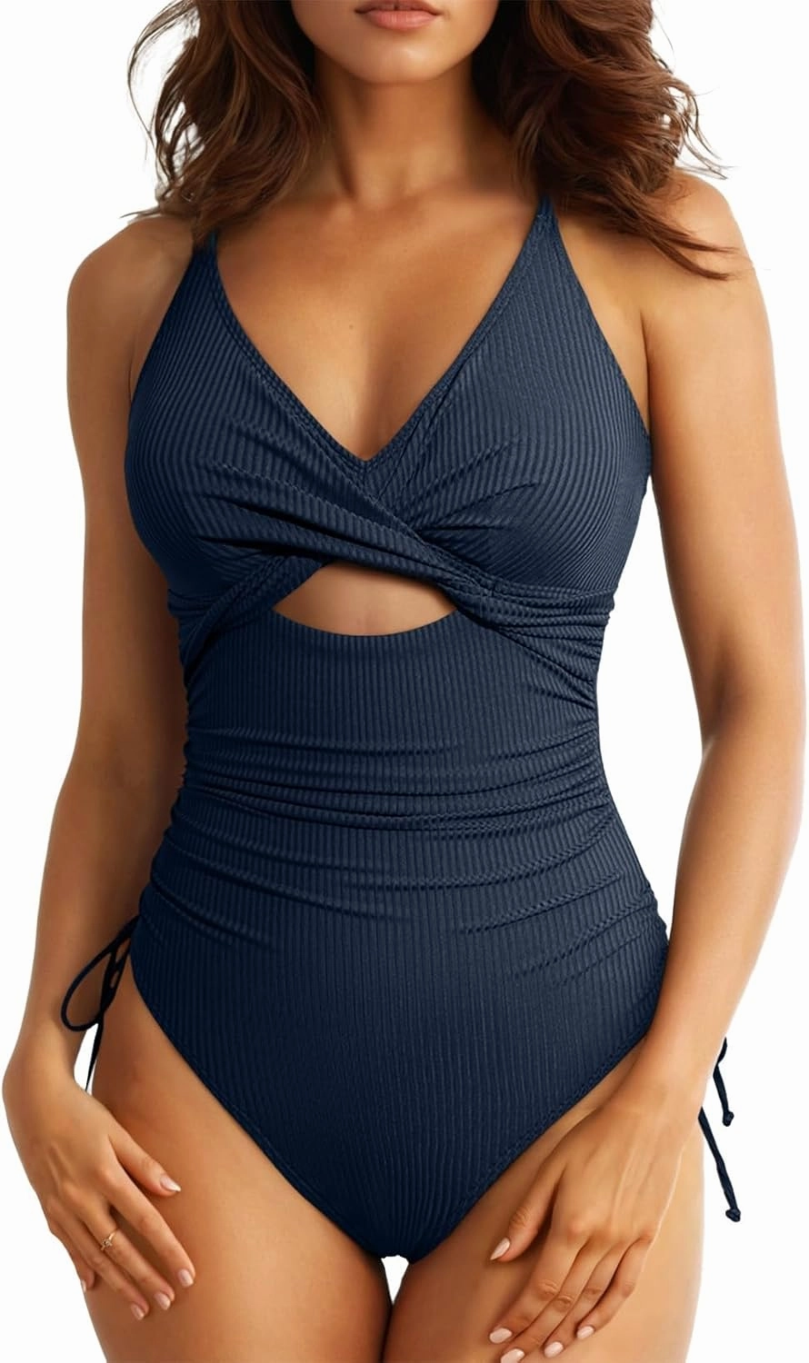 Aleumdr Women's Ribbed One Piece Swimsuit Tummy Control High Cut Bathing Suit Sexy V Neck Criss Cross Monikini