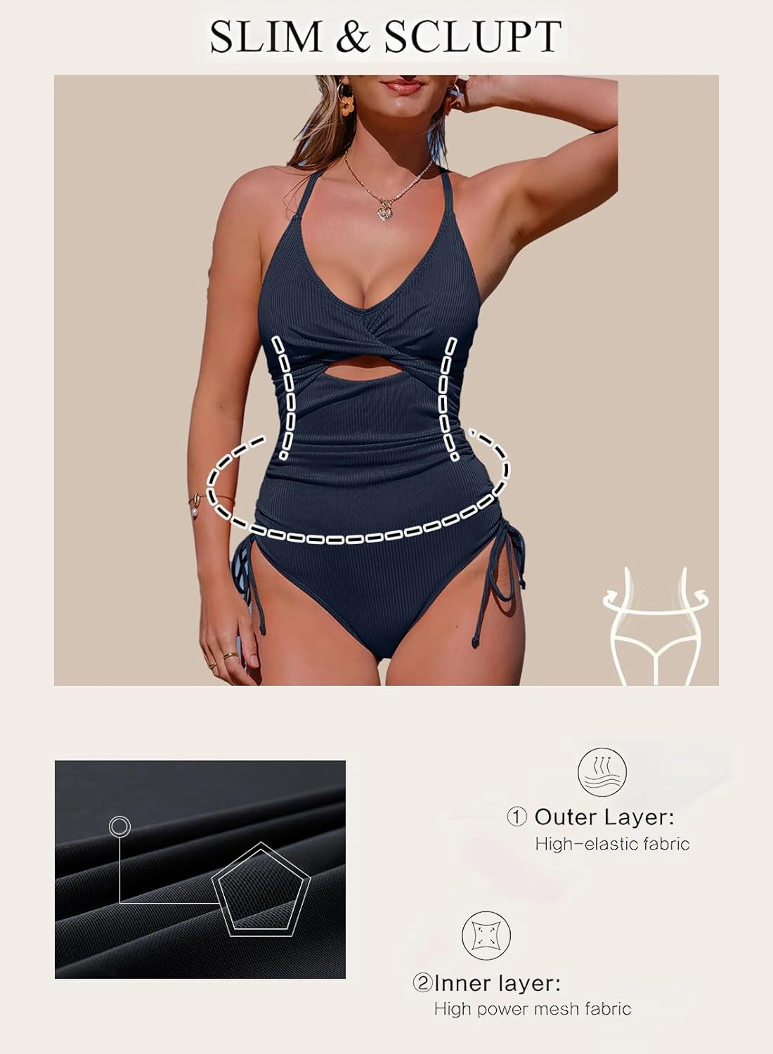Aleumdr Women's Ribbed One Piece Swimsuit Tummy Control High Cut Bathing Suit Sexy V Neck Criss Cross Monikini