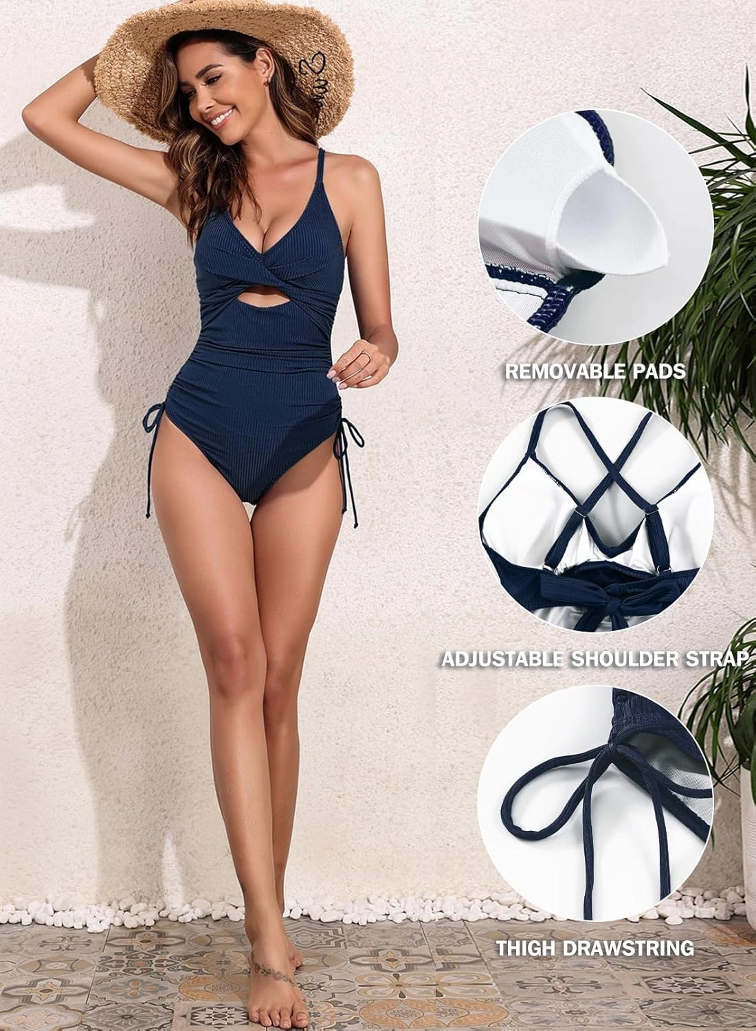 Aleumdr Women's Ribbed One Piece Swimsuit Tummy Control High Cut Bathing Suit Sexy V Neck Criss Cross Monikini