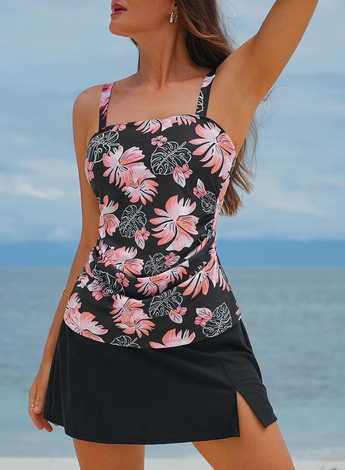 Aleumdr Women Vintage Tummy Control Two Piece Tankini Swimsuits Swimdress Push up Swimwear Bathing Suits