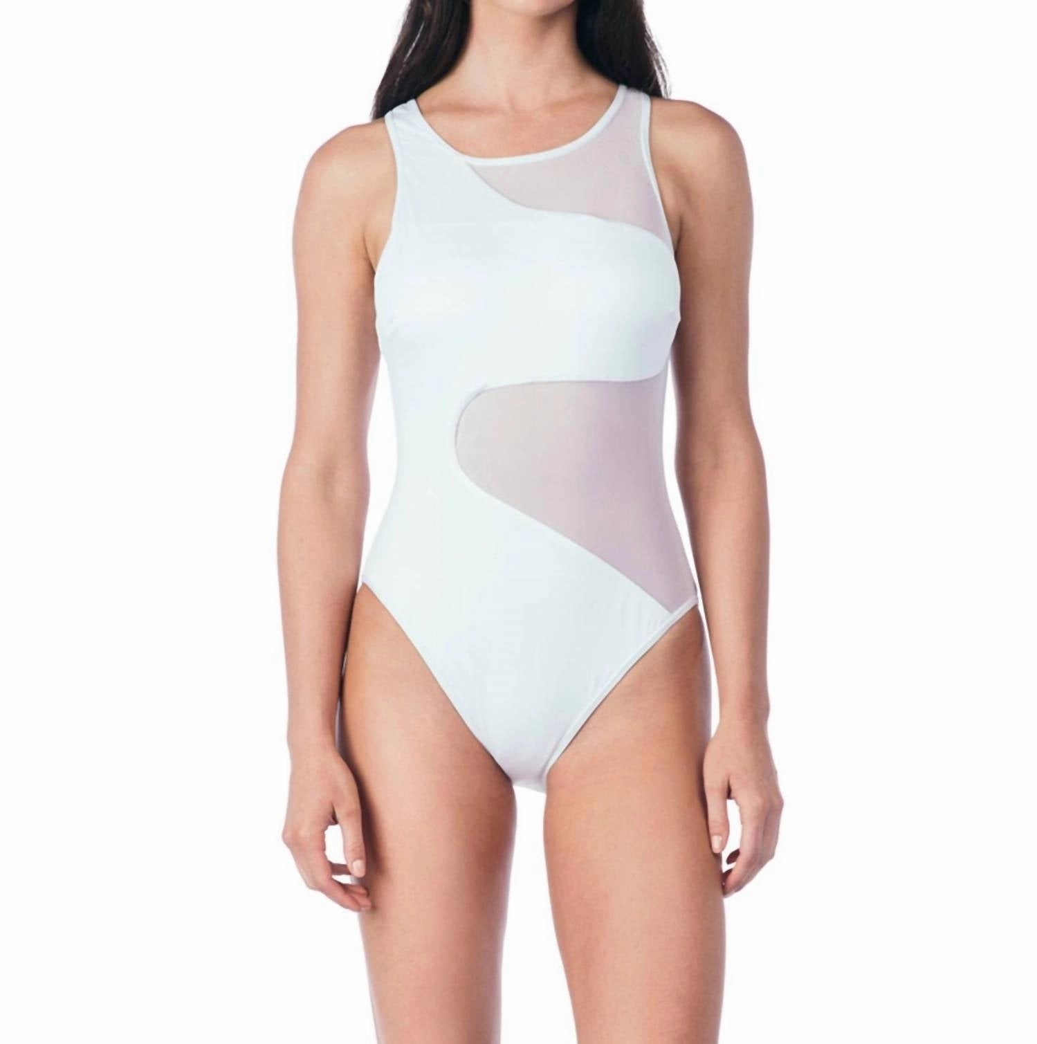All Meshed Up Mesh High Neck One Piece Swimsuit In Solid White