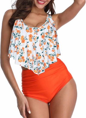 American Trends High Waisted Bikini Sets Ruffled Flounce 2 Piece Bathing Suit Plus Size Tankini Swimsuits for Women Sexy