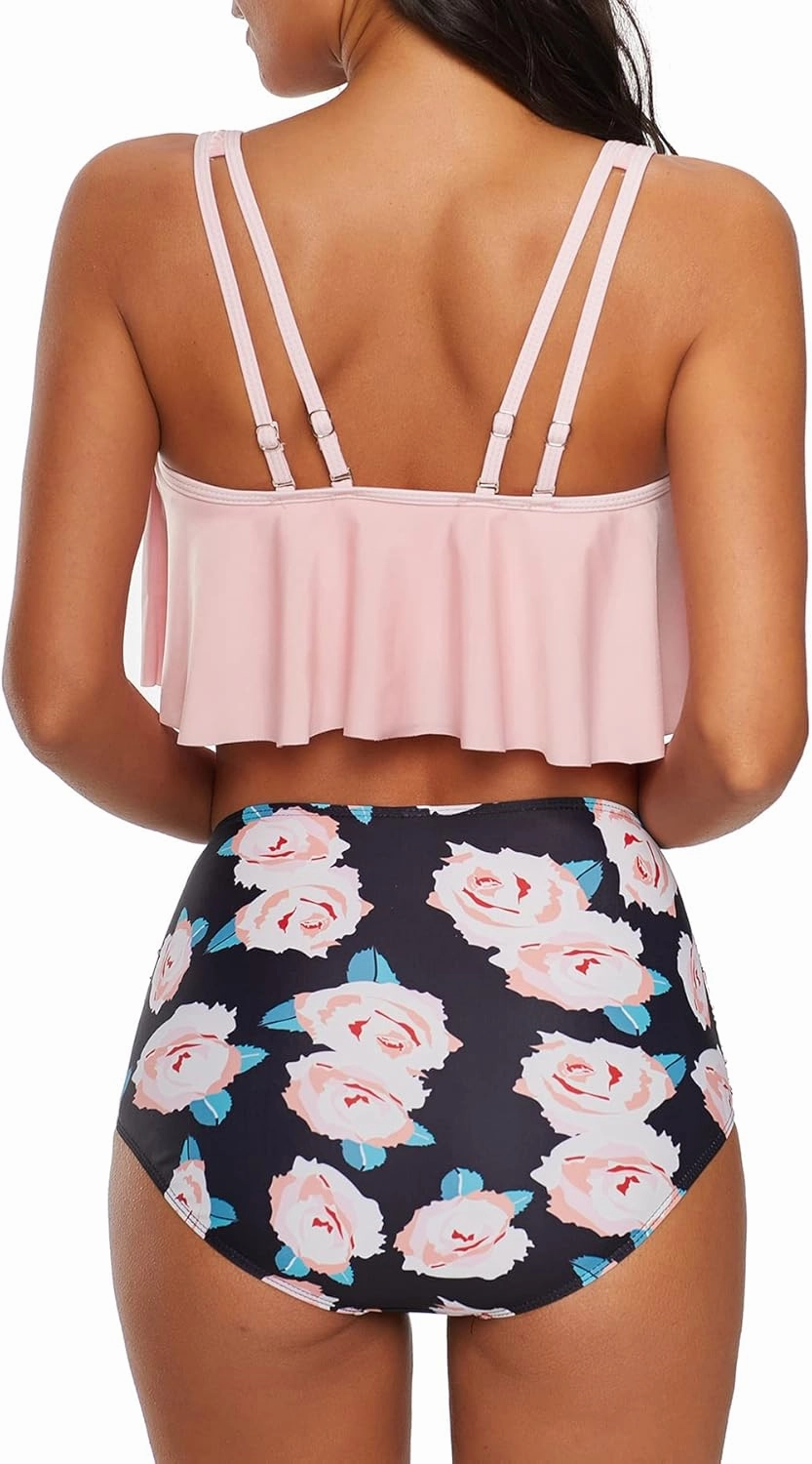 American Trends High Waisted Bikini Sets Ruffled Flounce 2 Piece Bathing Suit Plus Size Tankini Swimsuits for Women Sexy