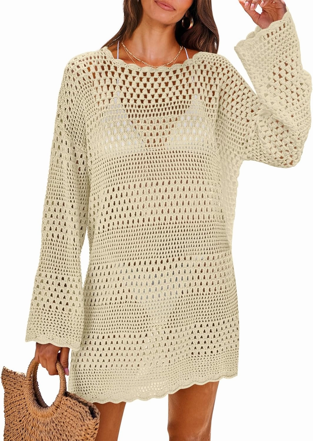 ANRABESS Women Swimsuit Crochet Swim Cover Up 2025 Summer Bathing Suit Swimwear Mesh Knit Beach Dress Vacation Outfits