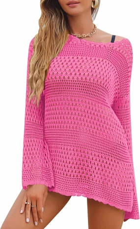 AOLRO Bathing Suit Cover Ups for Women Crochet Long Sleeve Swimsuit Hollow Out Bikini Coverup Tunic Top Beach Outfits S-XXL