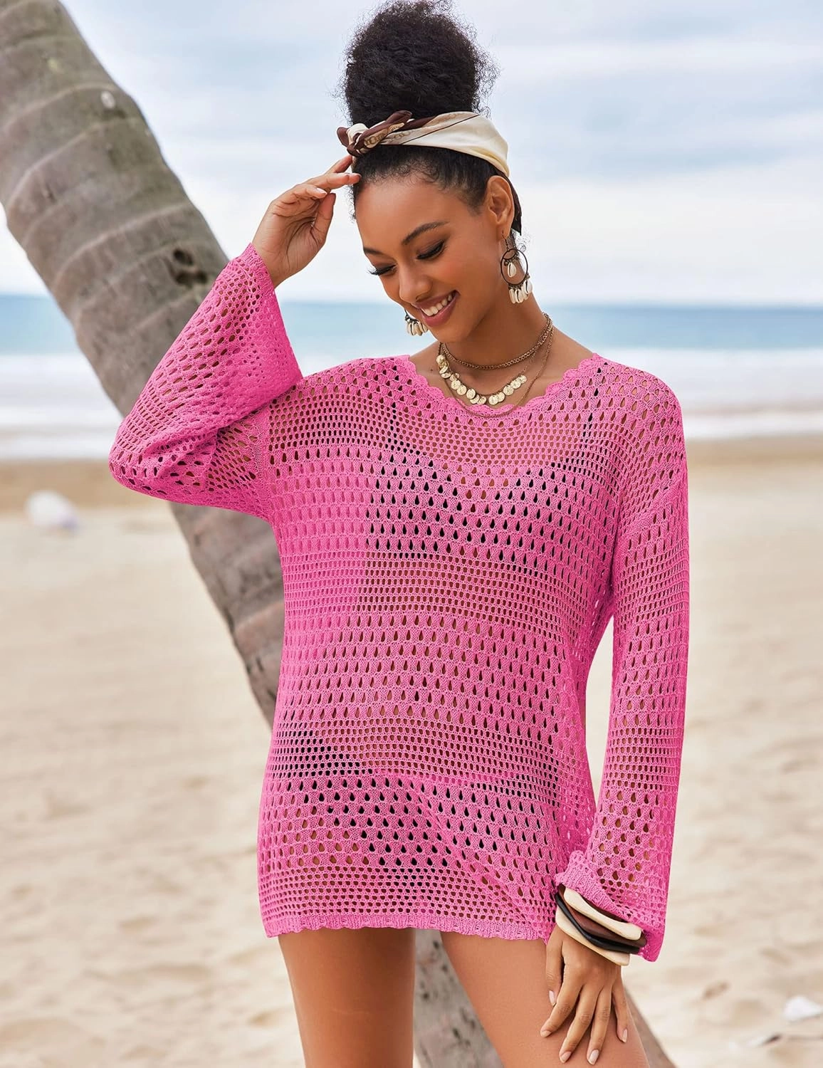 AOLRO Bathing Suit Cover Ups for Women Crochet Long Sleeve Swimsuit Hollow Out Bikini Coverup Tunic Top Beach Outfits S-XXL
