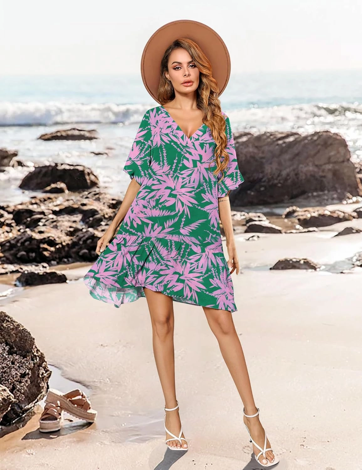 Aoulaydo Womens Swimsuit Coverups Sexy V Neck Bathing Suit Cover Ups Casual Loose Cover Up for Swimwear