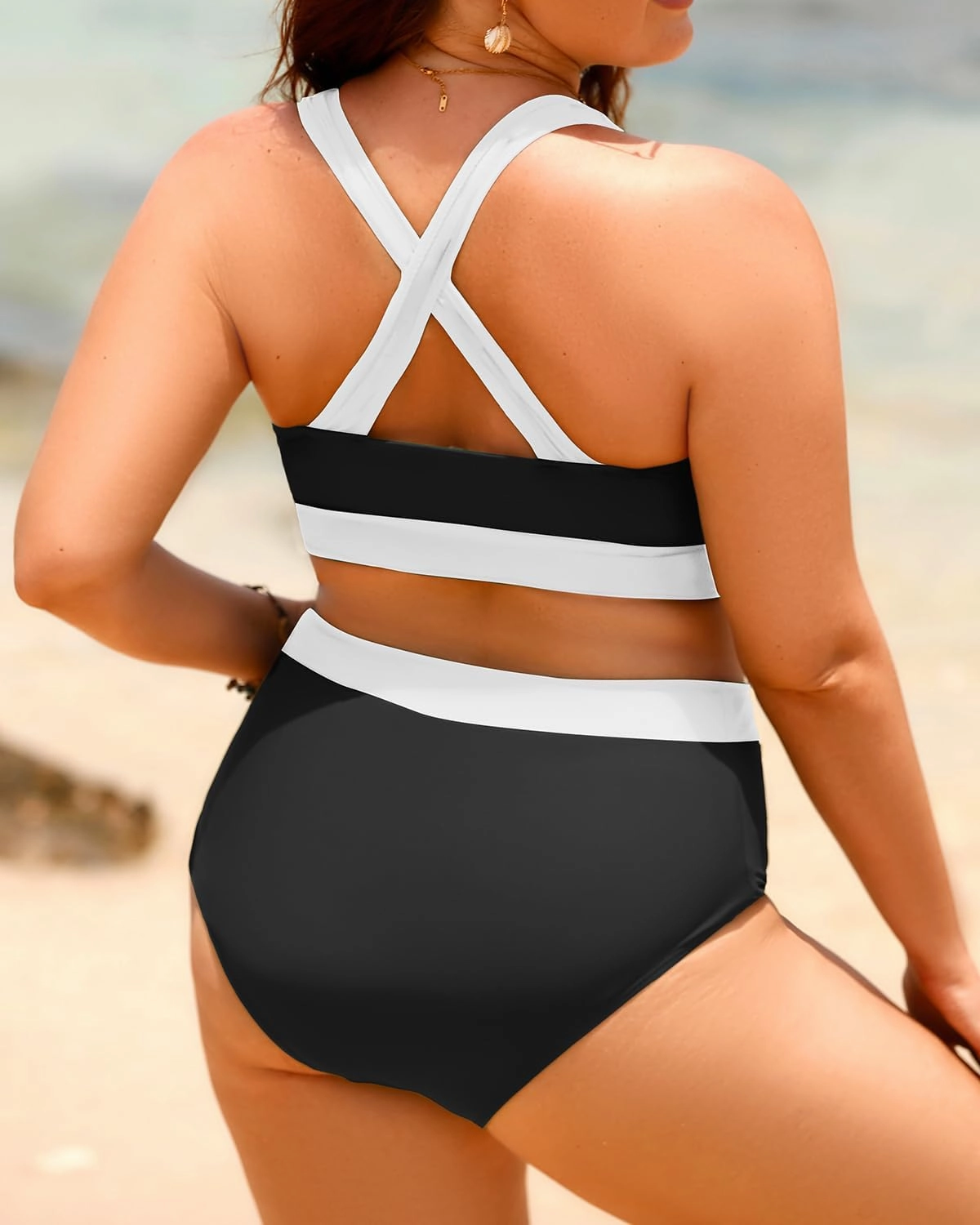 Aqua Eve Plus Size Two Piece High Waisted Bikini Swimsuits Scoop Neck Bikini Set Sporty Bathing Suits