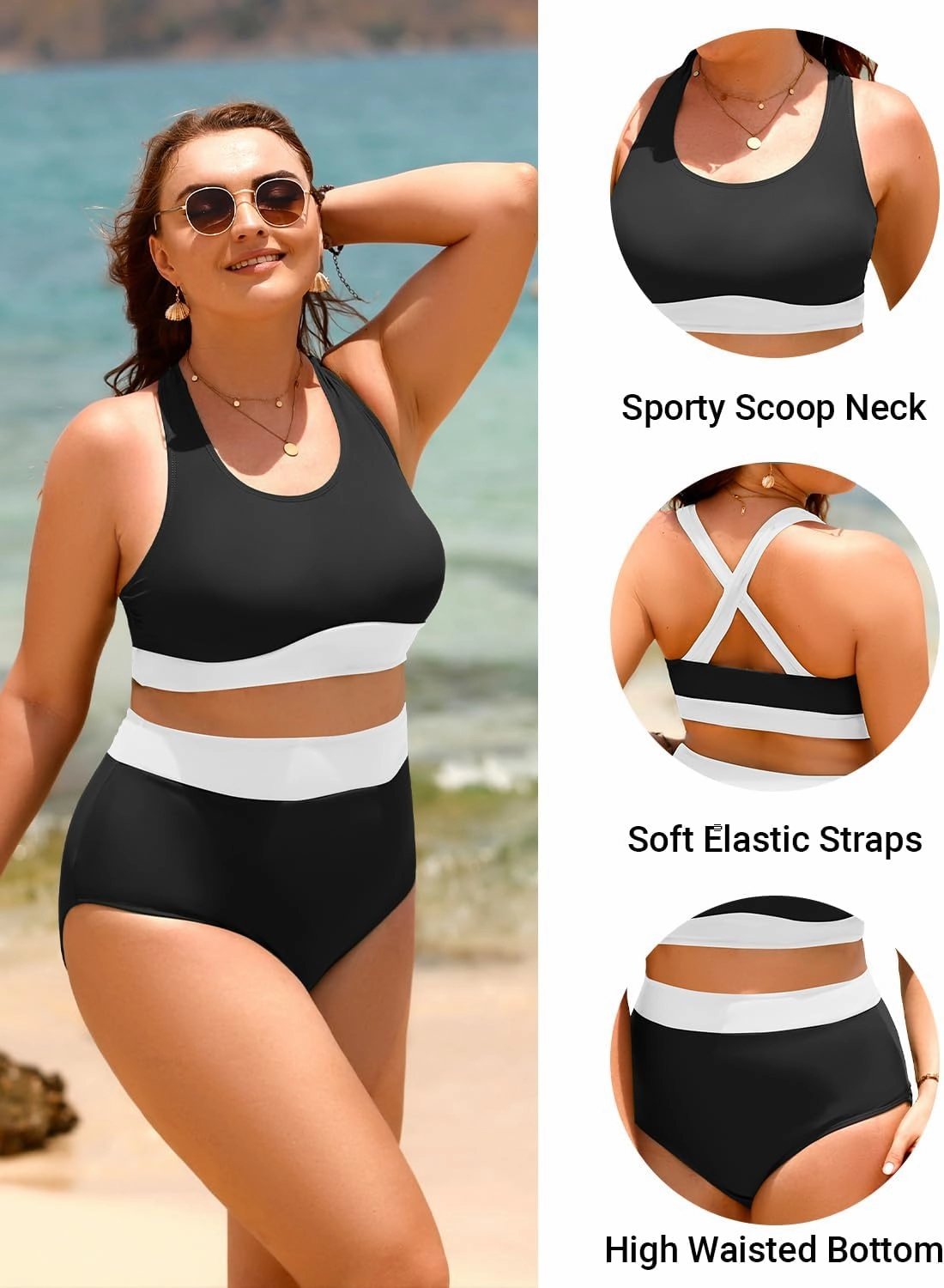 Aqua Eve Plus Size Two Piece High Waisted Bikini Swimsuits Scoop Neck Bikini Set Sporty Bathing Suits