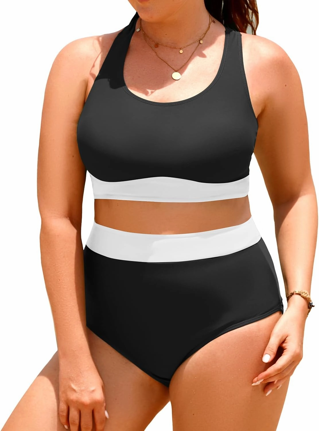 Aqua Eve Plus Size Two Piece High Waisted Bikini Swimsuits Scoop Neck Bikini Set Sporty Bathing Suits