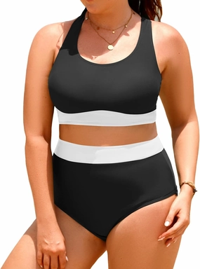 Aqua Eve Plus Size Two Piece High Waisted Bikini Swimsuits Scoop Neck Bikini Set Sporty Bathing Suits