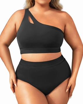 Aqua Eve Women Plus Size High Waisted Bikini One Shoulder Two Piece Swimsuit Color Block Bathing Suits