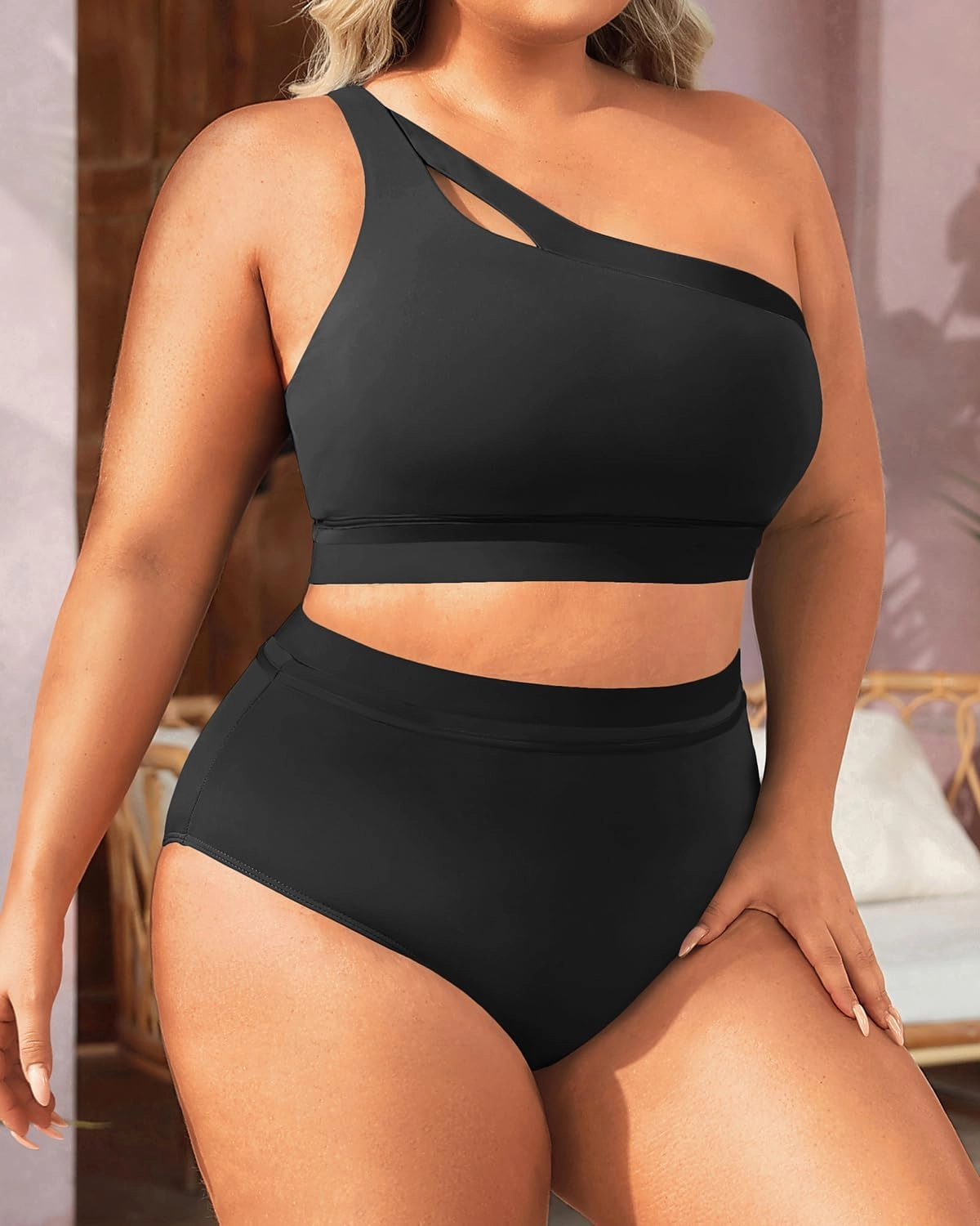 Aqua Eve Women Plus Size High Waisted Bikini One Shoulder Two Piece Swimsuit Color Block Bathing Suits