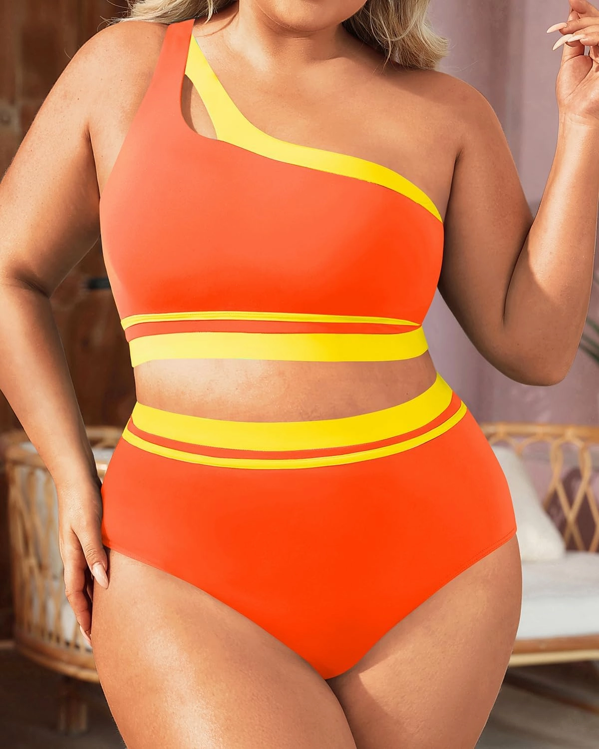 Aqua Eve Women Plus Size High Waisted Bikini One Shoulder Two Piece Swimsuit Color Block Bathing Suits