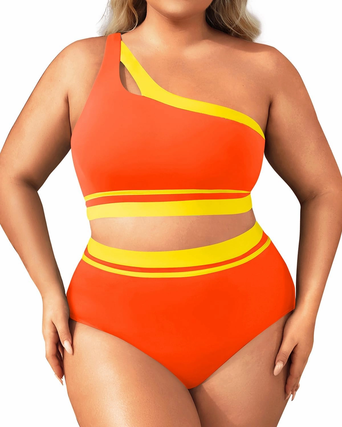 Aqua Eve Women Plus Size High Waisted Bikini One Shoulder Two Piece Swimsuit Color Block Bathing Suits
