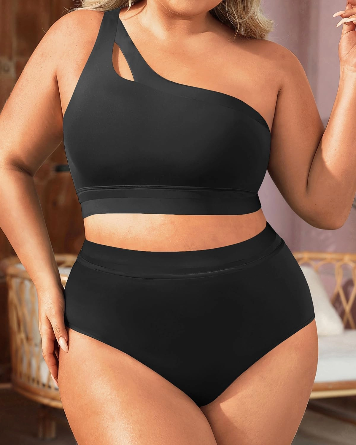 Aqua Eve Women Plus Size High Waisted Bikini One Shoulder Two Piece Swimsuit Color Block Bathing Suits