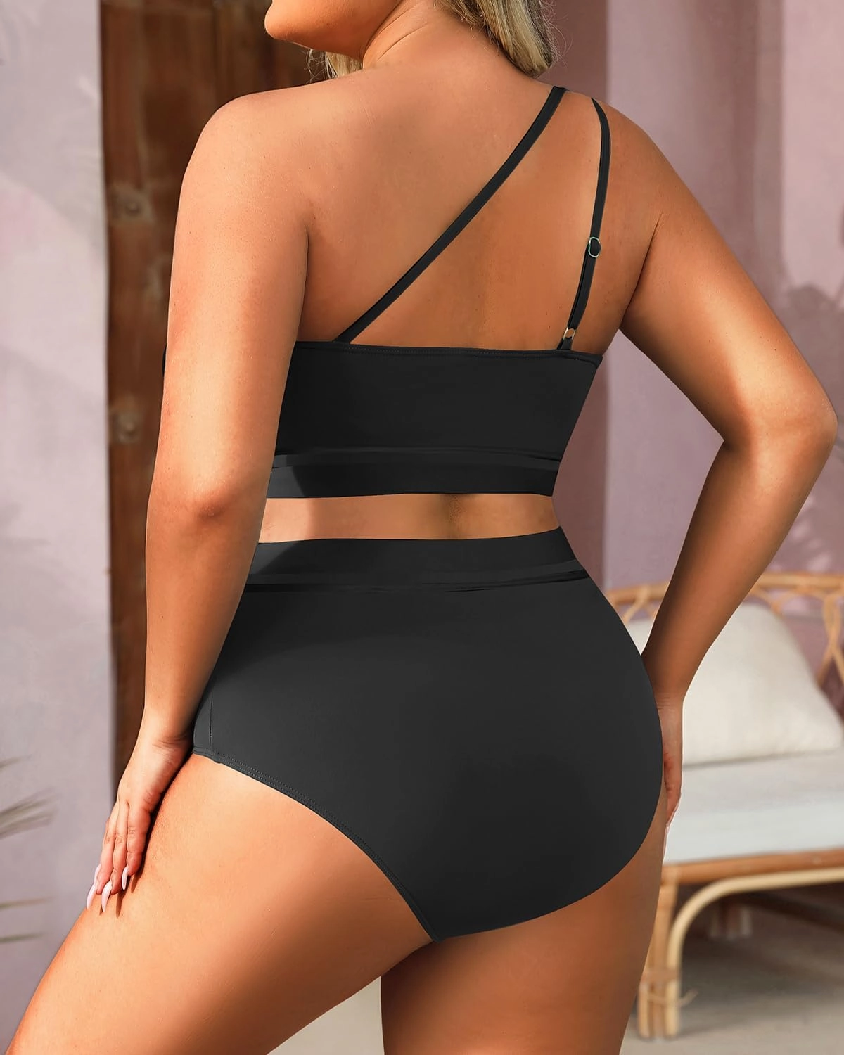 Aqua Eve Women Plus Size High Waisted Bikini One Shoulder Two Piece Swimsuit Color Block Bathing Suits