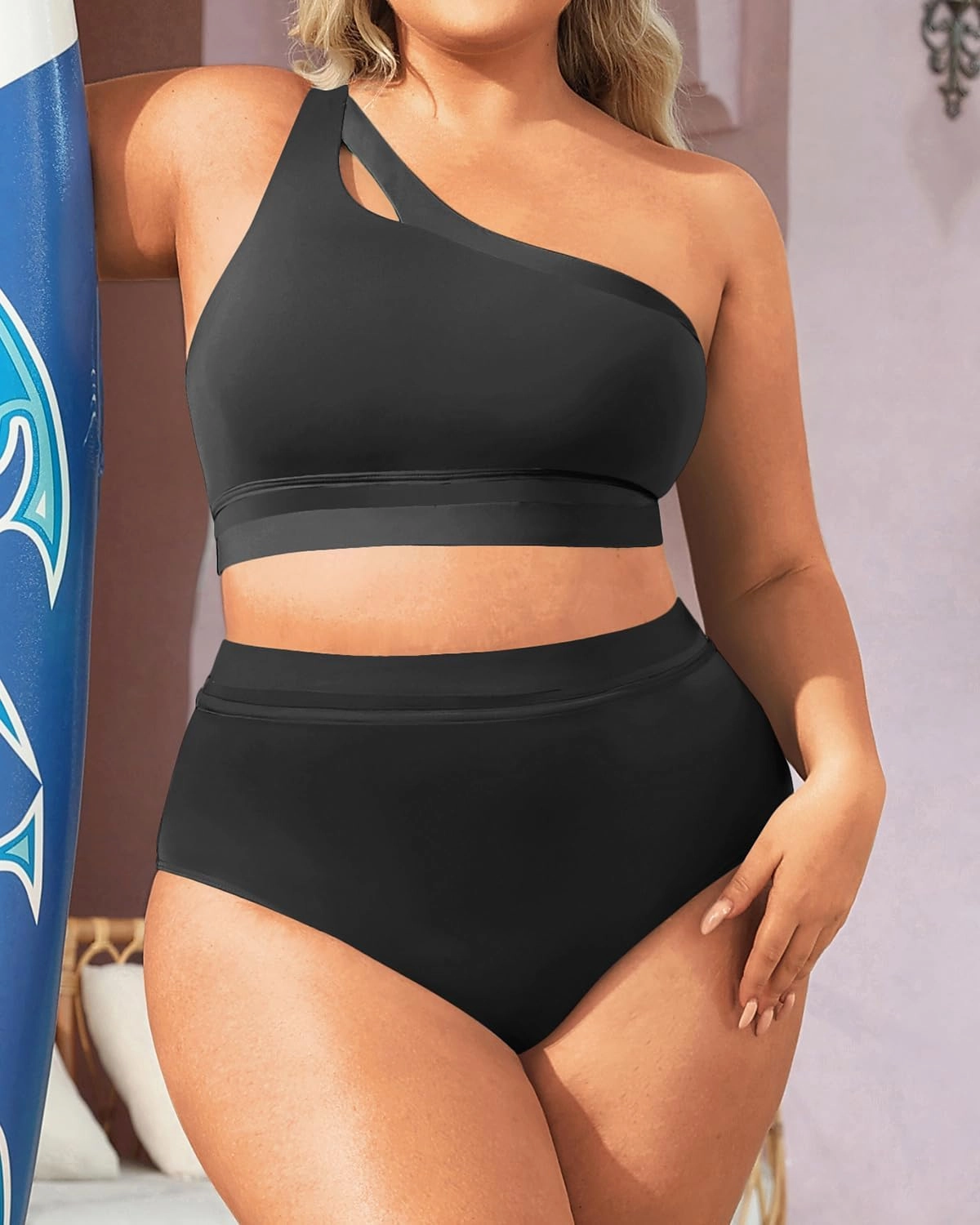 Aqua Eve Women Plus Size High Waisted Bikini One Shoulder Two Piece Swimsuit Color Block Bathing Suits