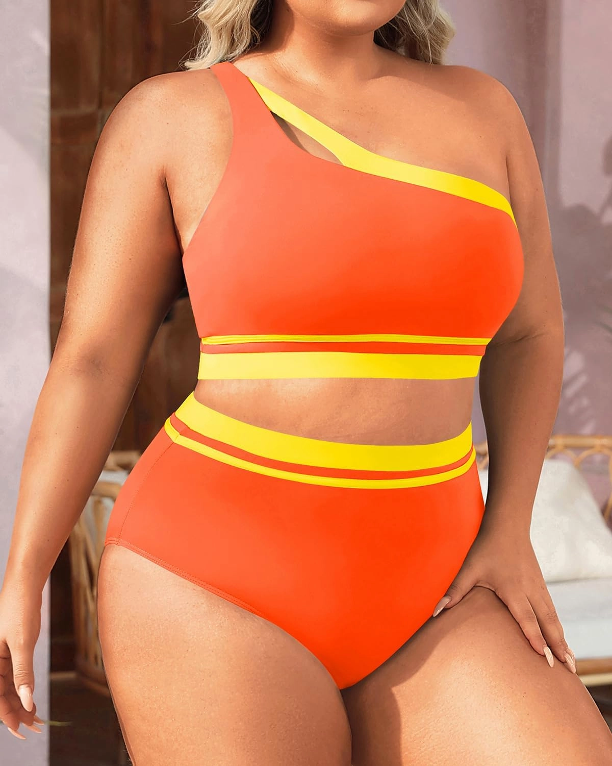 Aqua Eve Women Plus Size High Waisted Bikini One Shoulder Two Piece Swimsuit Color Block Bathing Suits